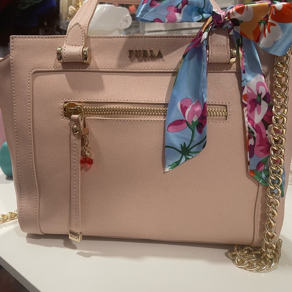 Furla Blush Pink Saffiano Satchel with Gold Chain and Scarf